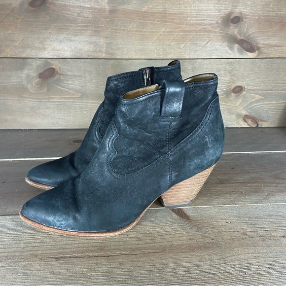 frye Regina womens size 6.5 shoes black leather side zip wedge ankle booties - Picture 1 of 8